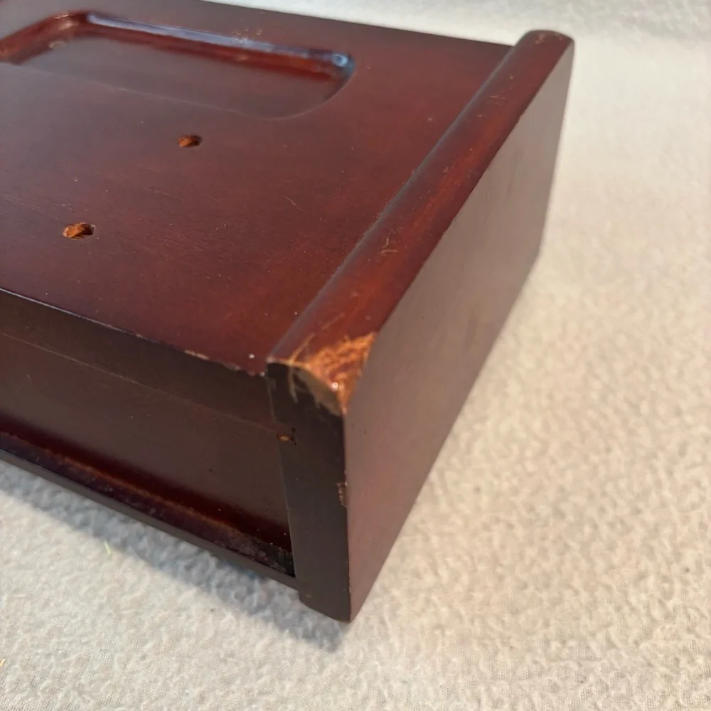 Vtg. Wooden Jewelry Box with Velvet-Lined Single Drawer with Decorative Handle
